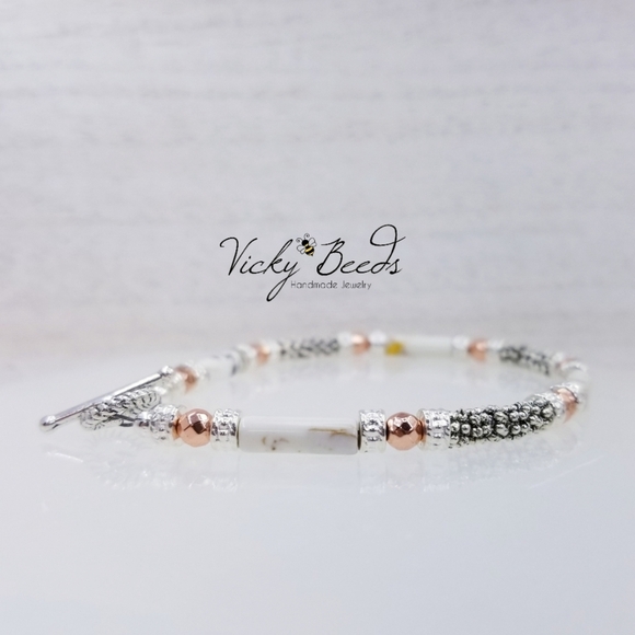 White Turquoise Beaded Gemstone Toggle Bracelet - Picture 5 of 8